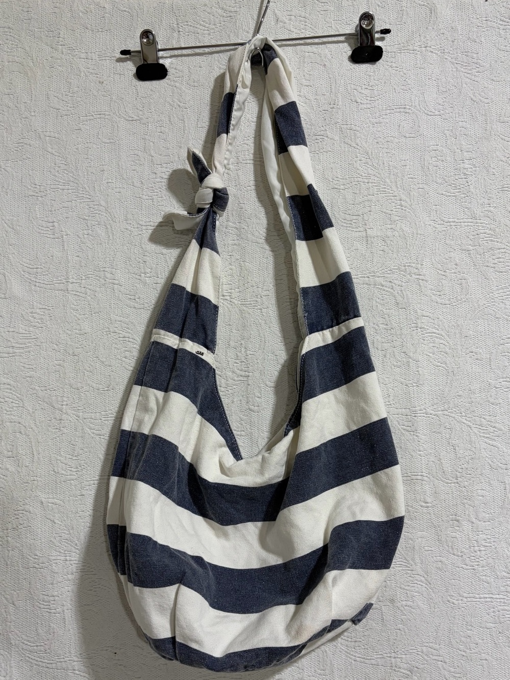 Garage Navy Blue & White Striped Canvas Slouchy Hobo Bag